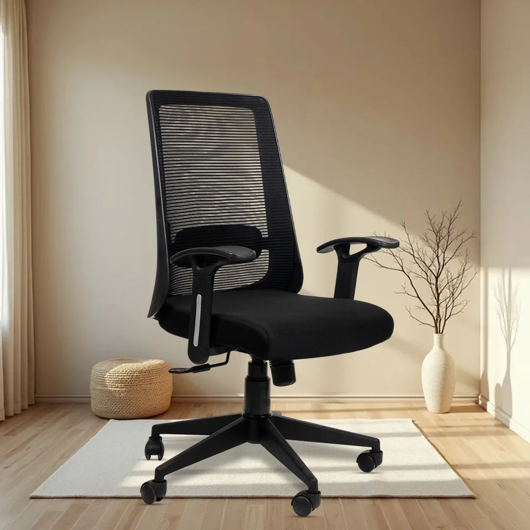 Ample Ergonomic Workstation Chair with Synchro Tilting Mechanism, Hydraulic Height Adjustment, and Heavy Duty Wheels, Black Seat