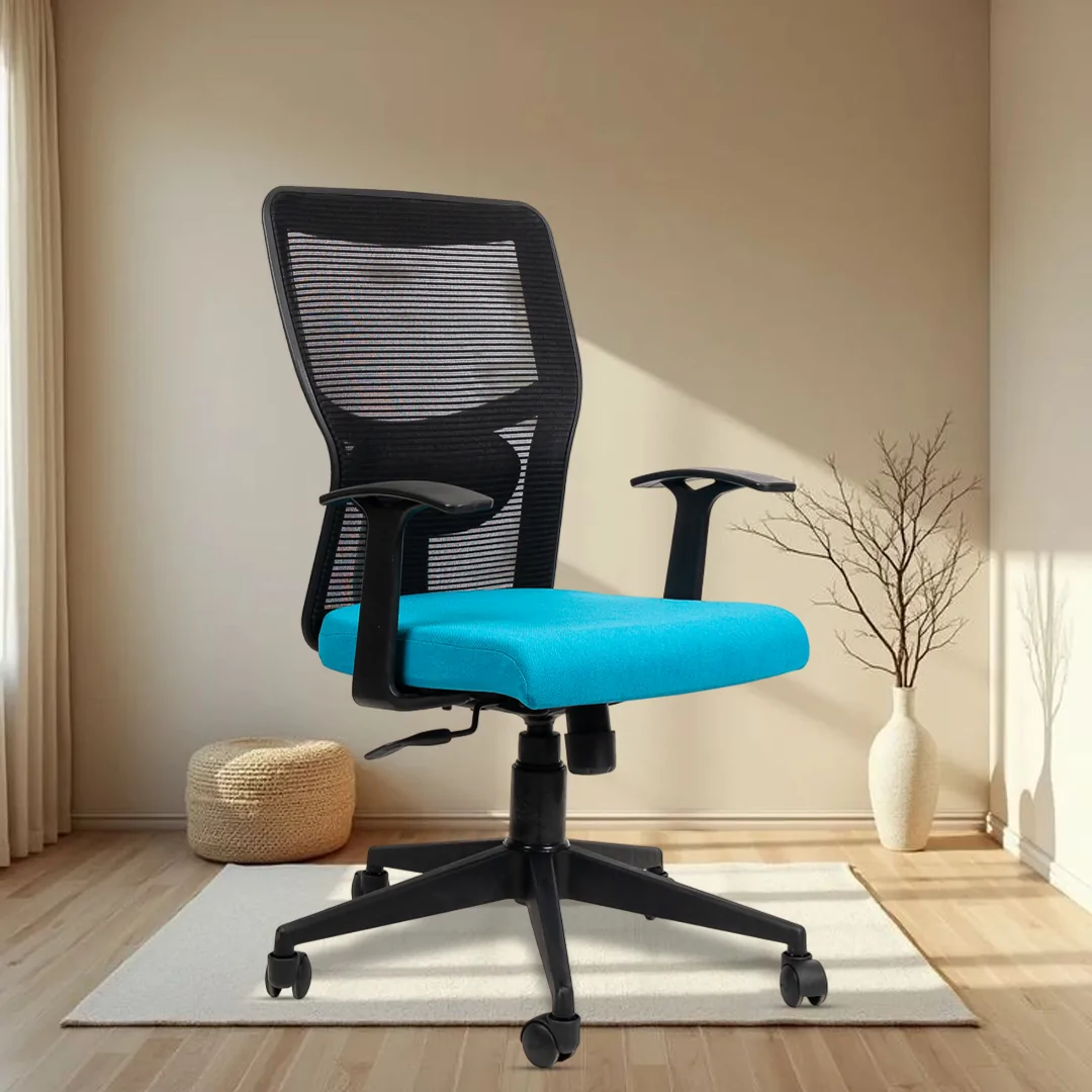 Aura Medium Back Ergonomic Workstation Chair with Synchro Tilting Mechanism, Hydraulic Height Adjustment, and Heavy Duty Wheels, Blue Seat