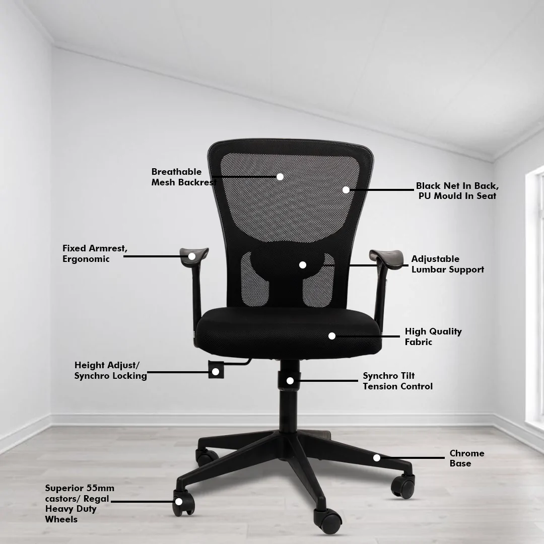 Golf Medium Back Ergonomic Workstation Chair with Synchro Tilting Mechanism, Hydraulic Height Adjustment, and Heavy Duty Wheels, Black Seat - Image 3