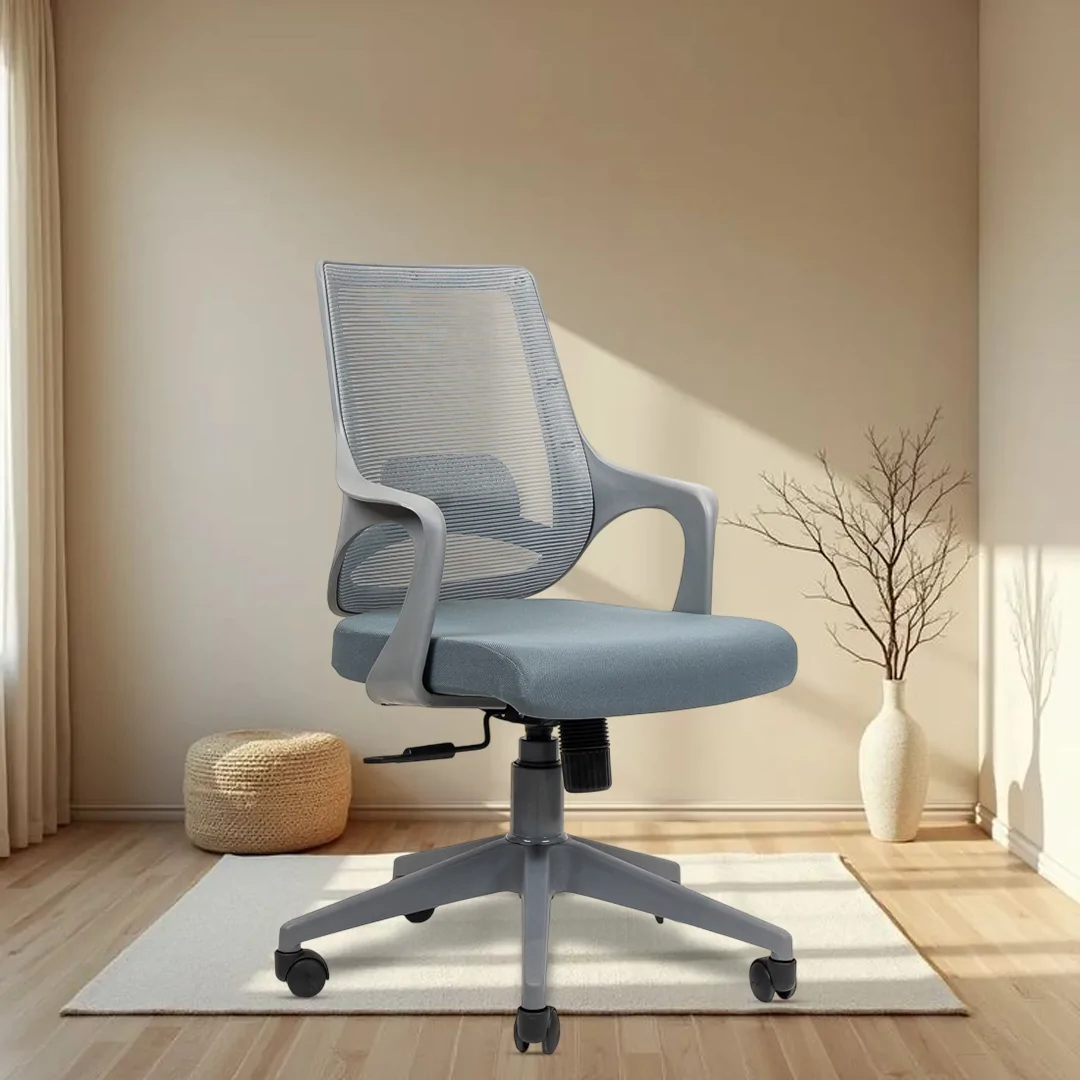 Mono Grey Workstation Chair with Center Tilting Mechanism, Hydraulic Height Adjustment, and Heavy Duty Wheels, Grey Seat