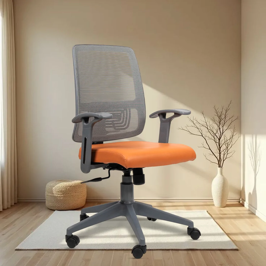 Polo Grey Medium Back Ergonomic Workstation Chair with Tilting Mechanism, Hydraulic Height Adjustment, and Heavy Duty Wheels, Tan Seat