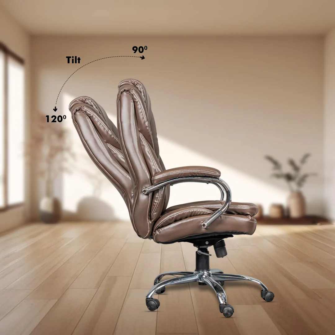 Vatican High Back Boss Chair with Center Tilting Mechanism, Hydraulic Height Adjustment, Rexine Material & Heavy Duty Wheels, Brown Seat - Image 4