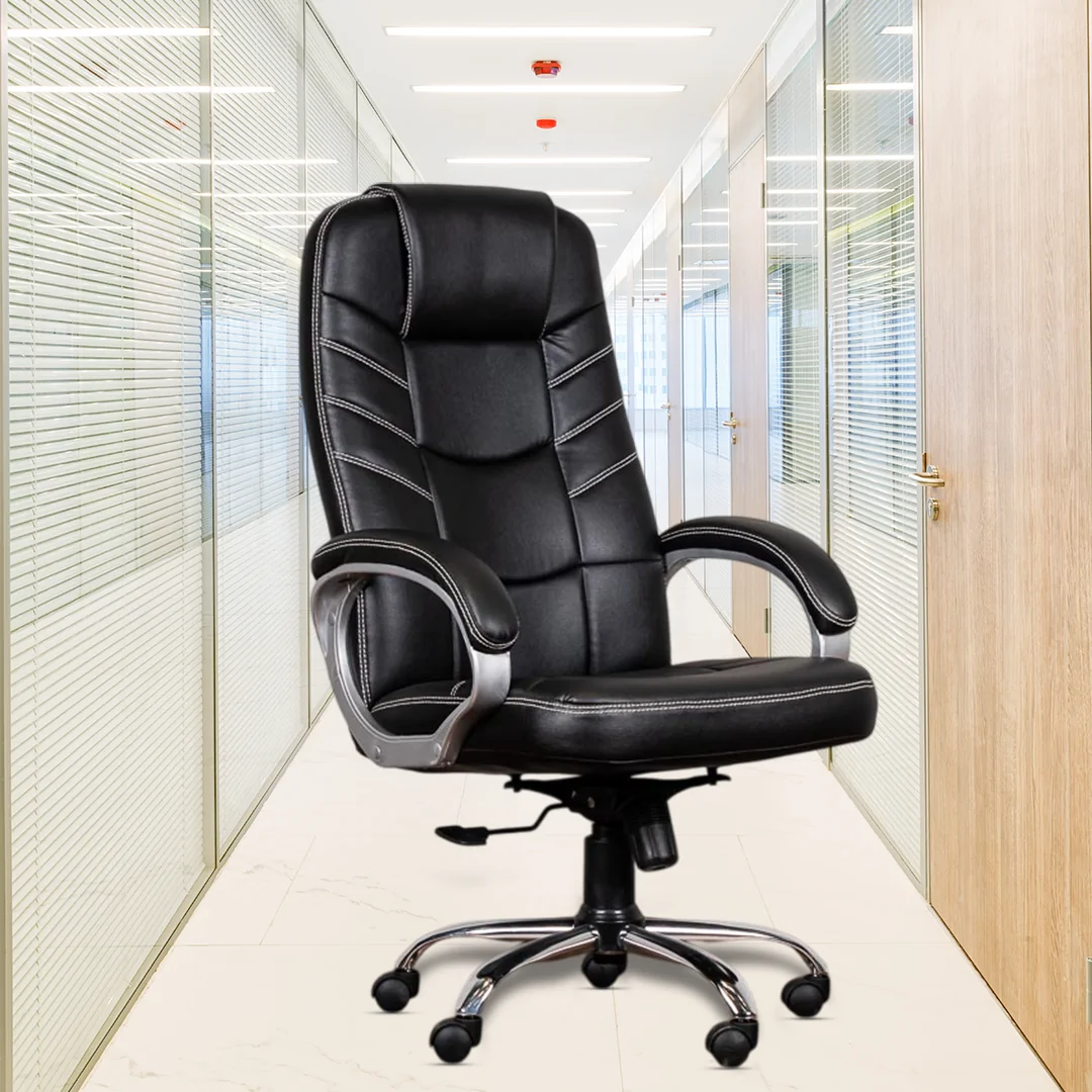 3 Line High Back Boss Chair with Center Tilting Mechanism, Hydraulic Height Adjustment, Rexine Material & Heavy Duty Wheels, Black Seat