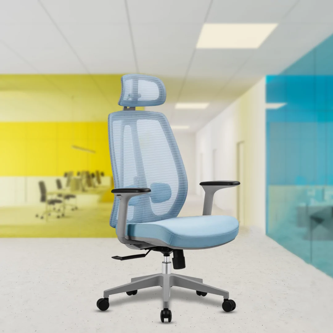 Alaster Blue High Back Luxury Chair with Adjustable Headrest, 2D Adjustable Armrests, Lumbar Support, Synchro Tilting Mechanism, Multi-Lock Feature, and Heavy Duty Glass-Filled Nylon Base with Nylon Castors