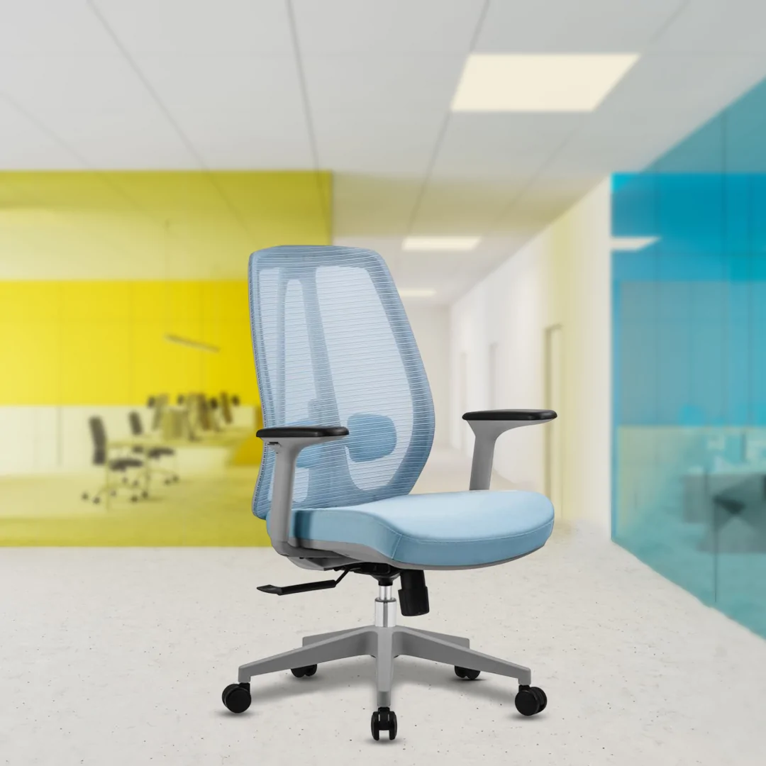 Alaster Blue Medium Back Luxury Chair with Adjustable Headrest, 2D Adjustable Armrests, Lumbar Support, Synchro Tilting Mechanism, Multi-Lock Feature, and Heavy Duty Glass-Filled Nylon Base with Nylon Castors