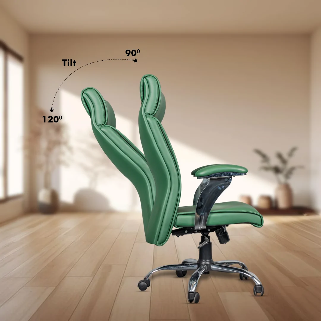Aaron High Back Ergonomic Boss Chair with Synchro Tilting Mechanism, Hydraulic Height Adjustment, Rexine Material & Heavy Duty Wheels, Green Seat - Image 4