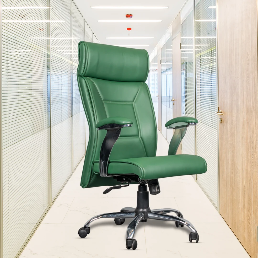 Aaron High Back Ergonomic Boss Chair with Synchro Tilting Mechanism, Hydraulic Height Adjustment, Rexine Material & Heavy Duty Wheels, Green Seat
