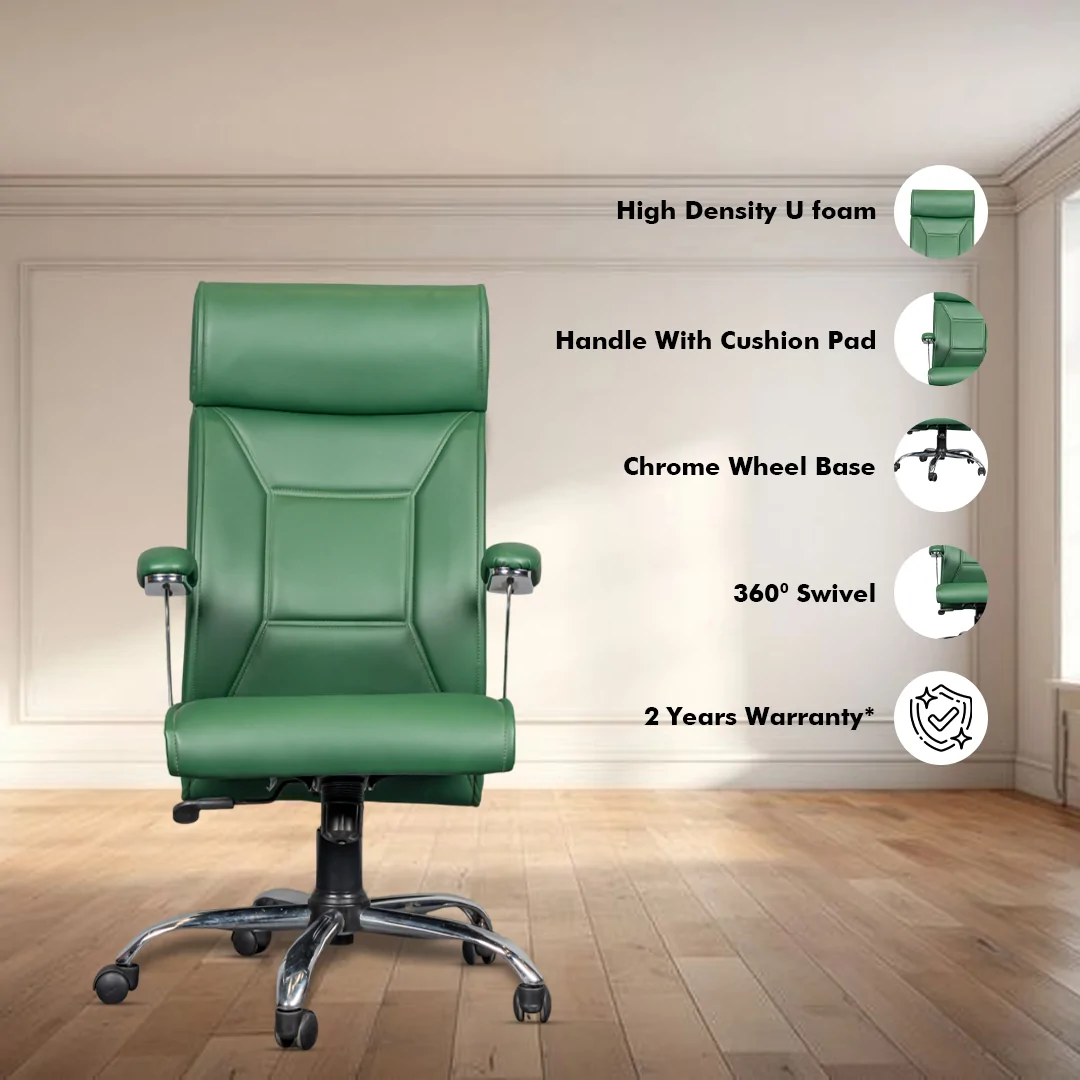 Aaron High Back Ergonomic Boss Chair with Synchro Tilting Mechanism, Hydraulic Height Adjustment, Rexine Material & Heavy Duty Wheels, Green Seat - Image 2