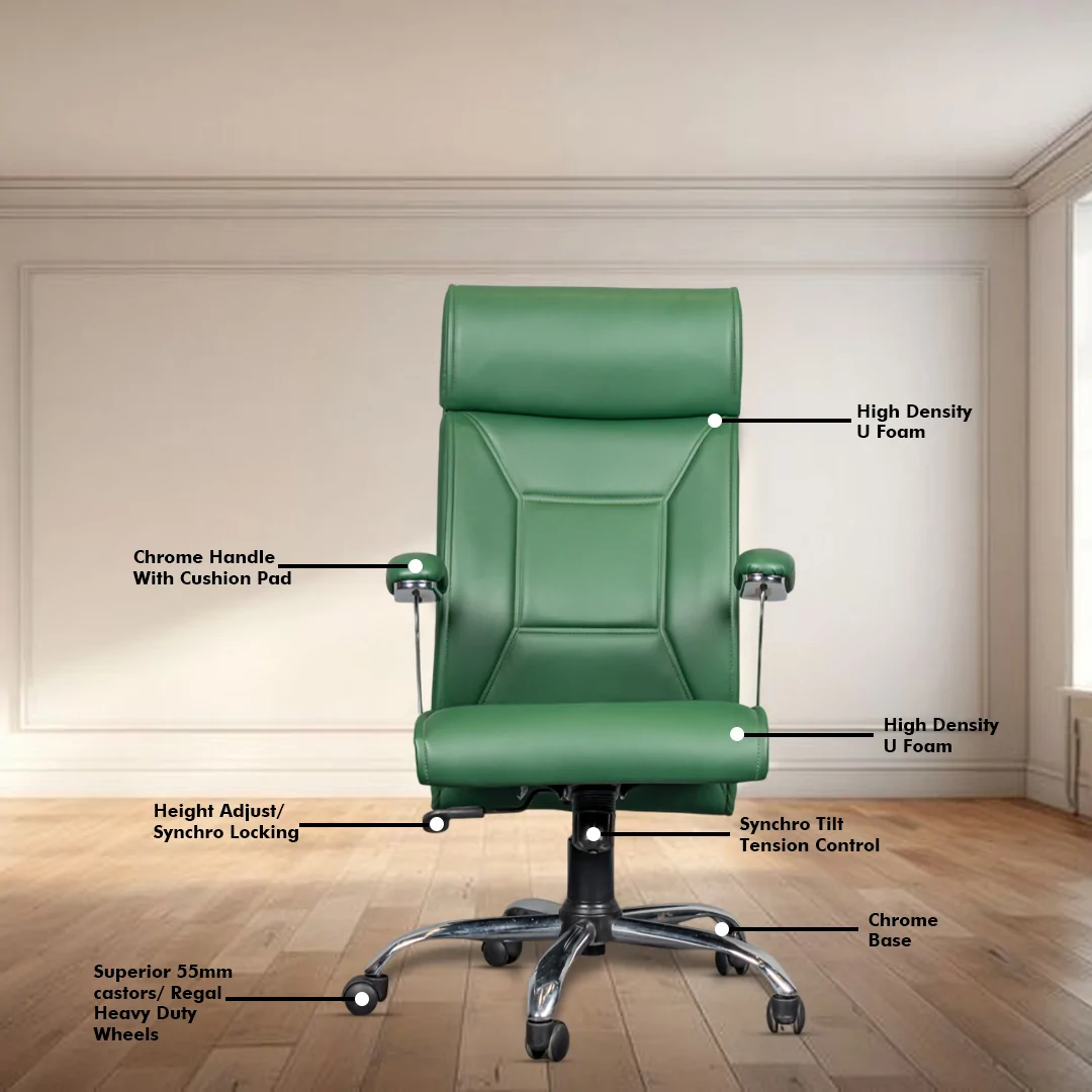 Aaron High Back Ergonomic Boss Chair with Synchro Tilting Mechanism, Hydraulic Height Adjustment, Rexine Material & Heavy Duty Wheels, Green Seat - Image 3