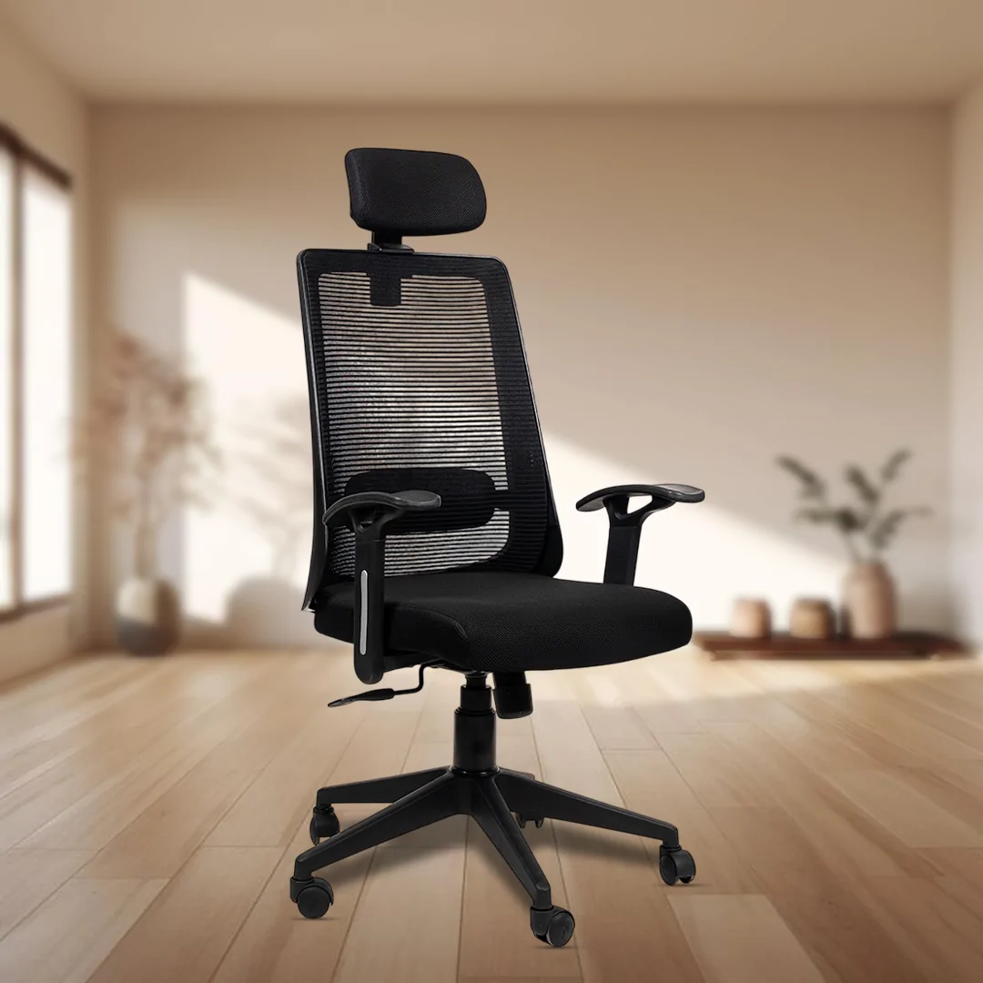 Ample High Back Ergonomic Chair with Adjustable Neck Rest, Synchro Tilting Mechanism, Hydraulic Height Adjustment & Heavy Duty Wheels, Black Seat