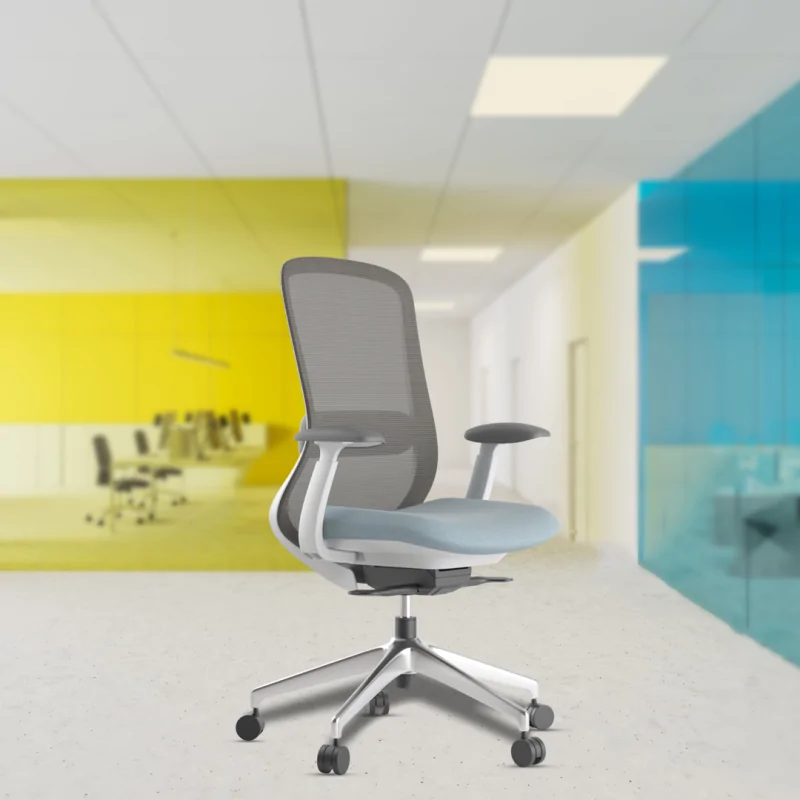 Bassle Blue Medium Back Luxury Chair with Lumbar Support, 4D Adjustable Armrests, Synchro Tilt Mechanism, Multi-Lock Feature, Seat Slider, and Sturdy Aluminium Die-Cast Base with Nylon Castors