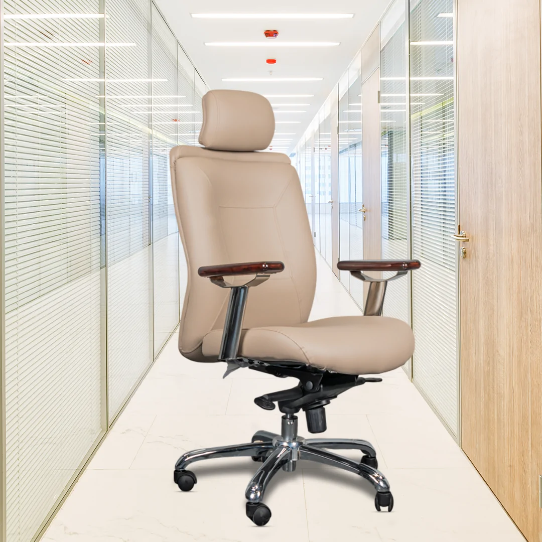BOSS High Back Ergonomic Boss Chair with Adjustable Neck Rest, Synchro Tilt Locking Mechanism, Hydraulic Height Adjustment, Rexine Material & Heavy Duty Wheels, Beige Seat