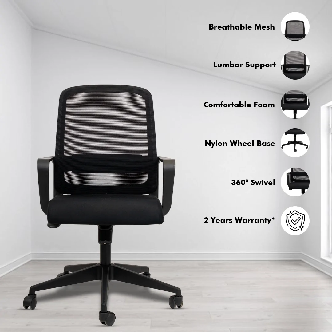 Colt Black Workstation Chair with Center Tilting Mechanism, Hydraulic Height Adjustment, and Heavy Duty Wheels, Black Seat - Image 2