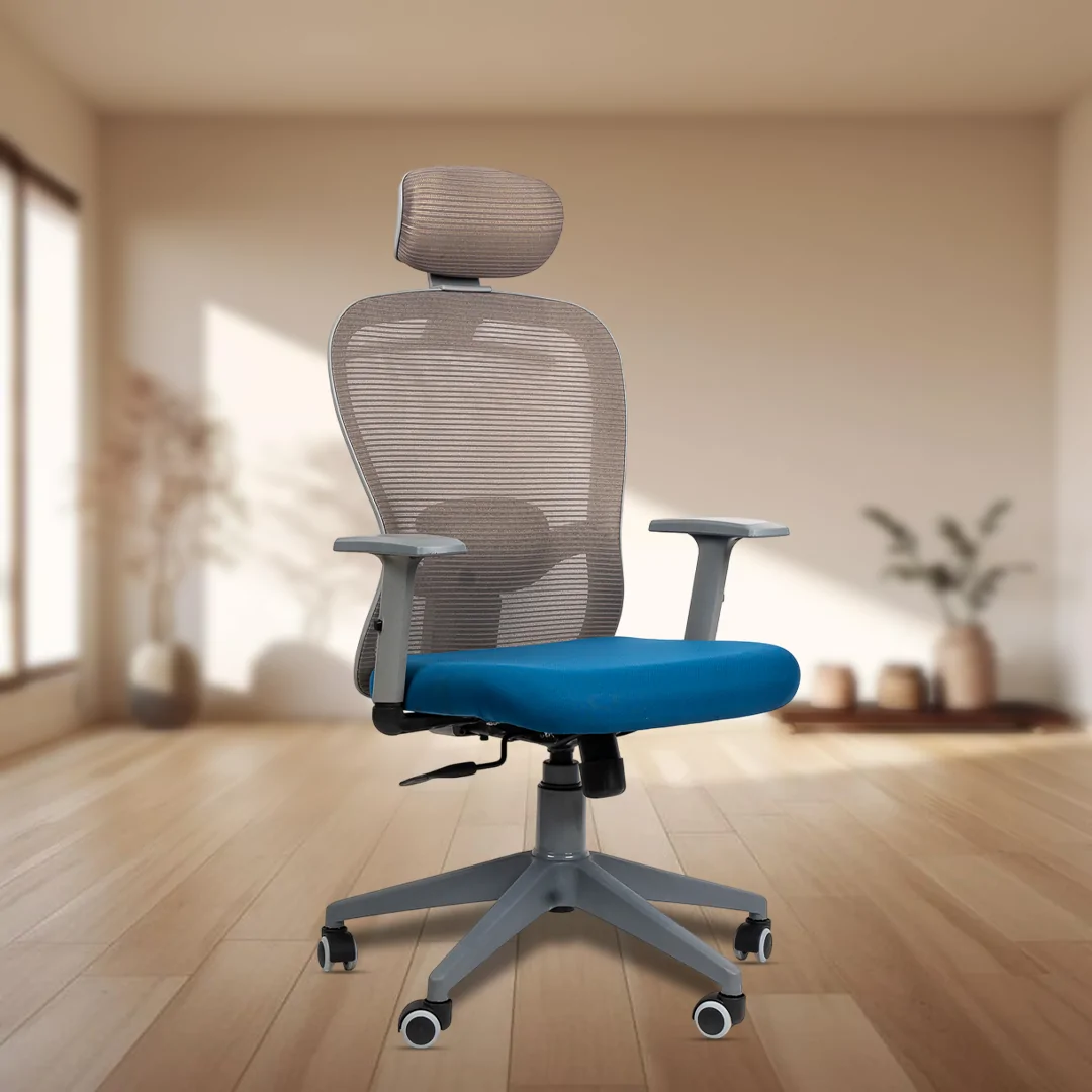 Dale Grey High Back Ergonomic Chair with Adjustable Neck & Arm Rest, Synchro Tilting Mechanism, Hydraulic Height Adjustment & Heavy Duty Wheels, Blue Seat