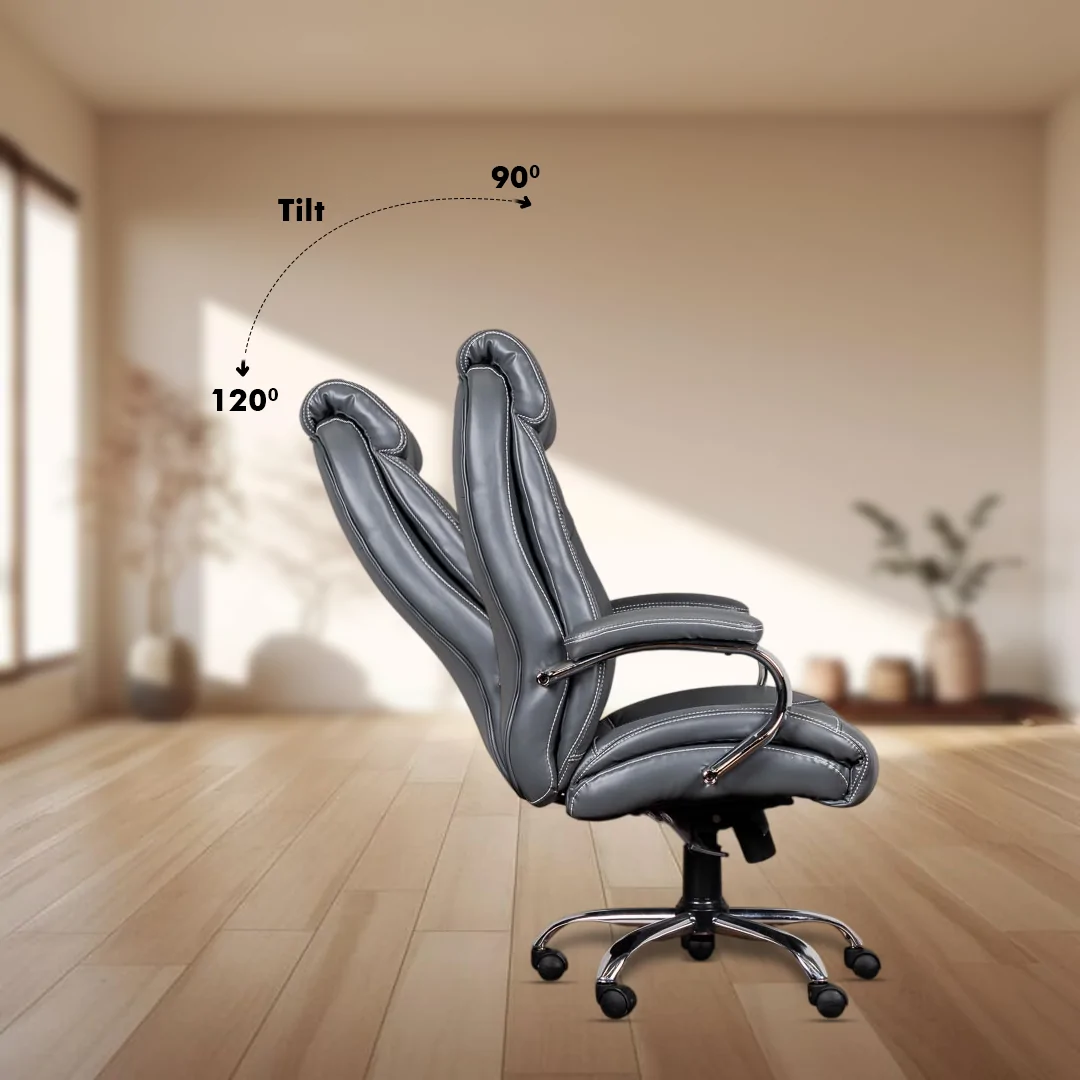 Fabio High Back Boss Chair with Center Tilting Mechanism, Hydraulic Height Adjustment, Rexine Material & Heavy Duty Wheels, Grey Seat - Image 4