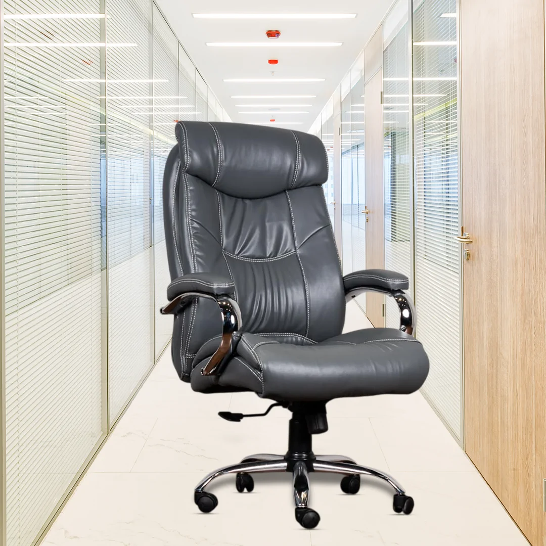Fabio High Back Boss Chair with Center Tilting Mechanism, Hydraulic Height Adjustment, Rexine Material & Heavy Duty Wheels, Grey Seat