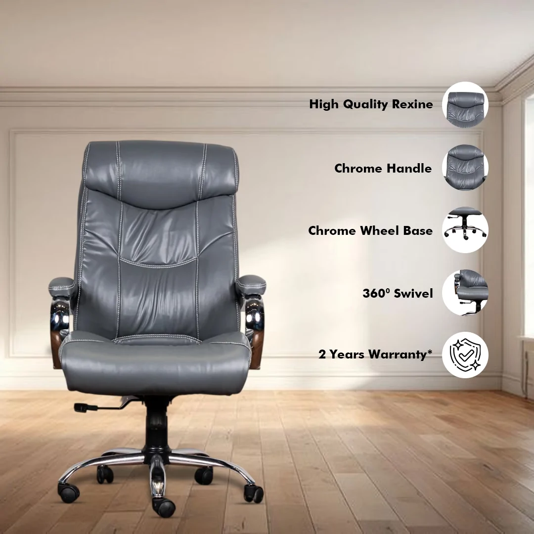 Fabio High Back Boss Chair with Center Tilting Mechanism, Hydraulic Height Adjustment, Rexine Material & Heavy Duty Wheels, Grey Seat - Image 2