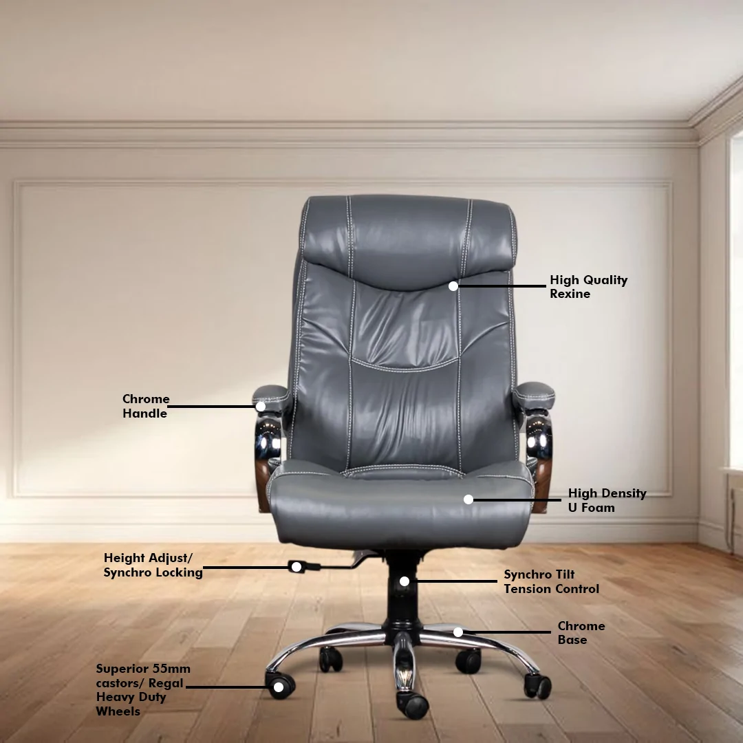 Fabio High Back Boss Chair with Center Tilting Mechanism, Hydraulic Height Adjustment, Rexine Material & Heavy Duty Wheels, Grey Seat - Image 3