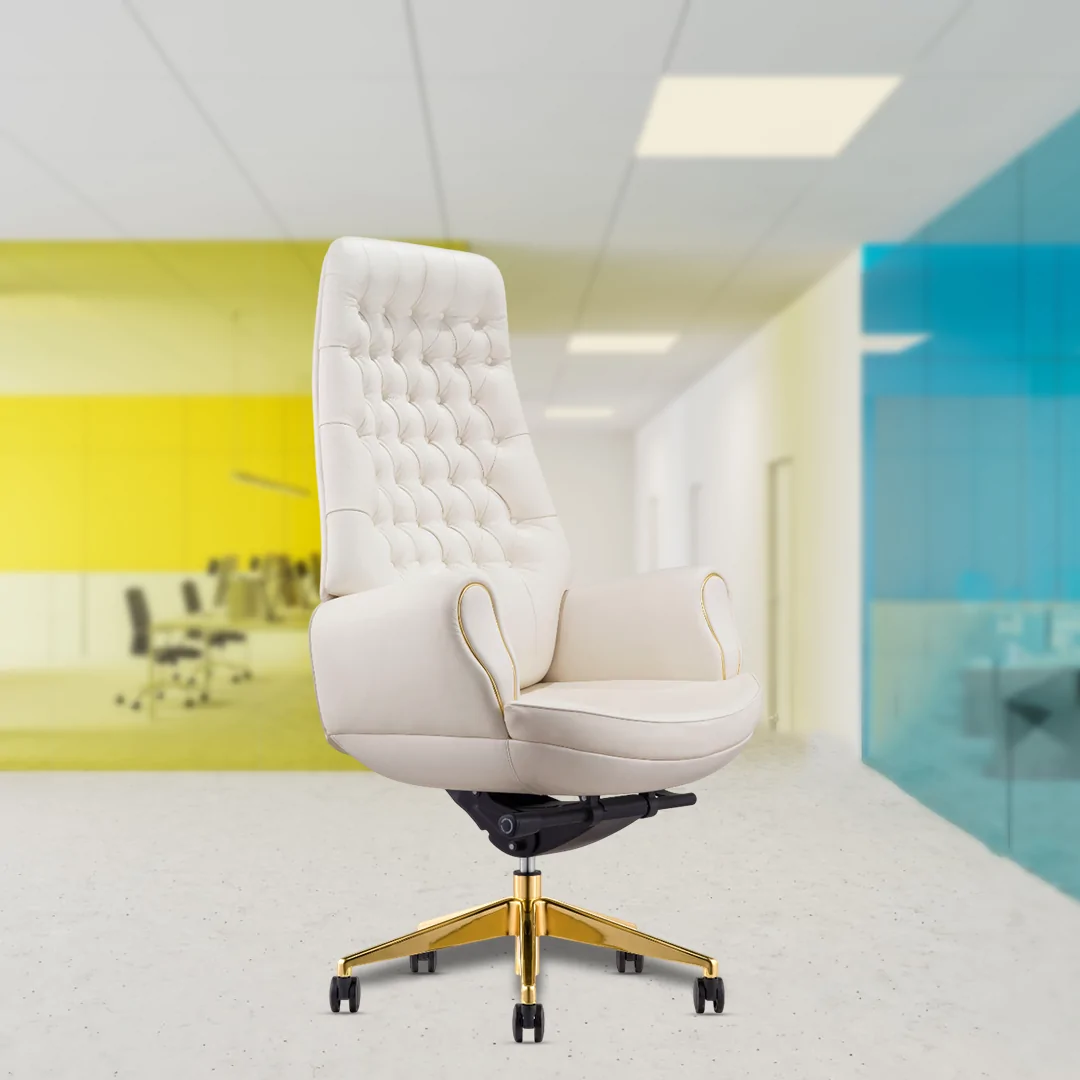Heritage High Back Luxury Chair with Premium Leather Upholstery, Fixed Padded Armrests, Enhanced Lumbar Support, Knee Tilt Synchro Mechanism with Multi-Position Lock, Gold-Coated Aluminum Diecast Base & 60mm Nylon Castors