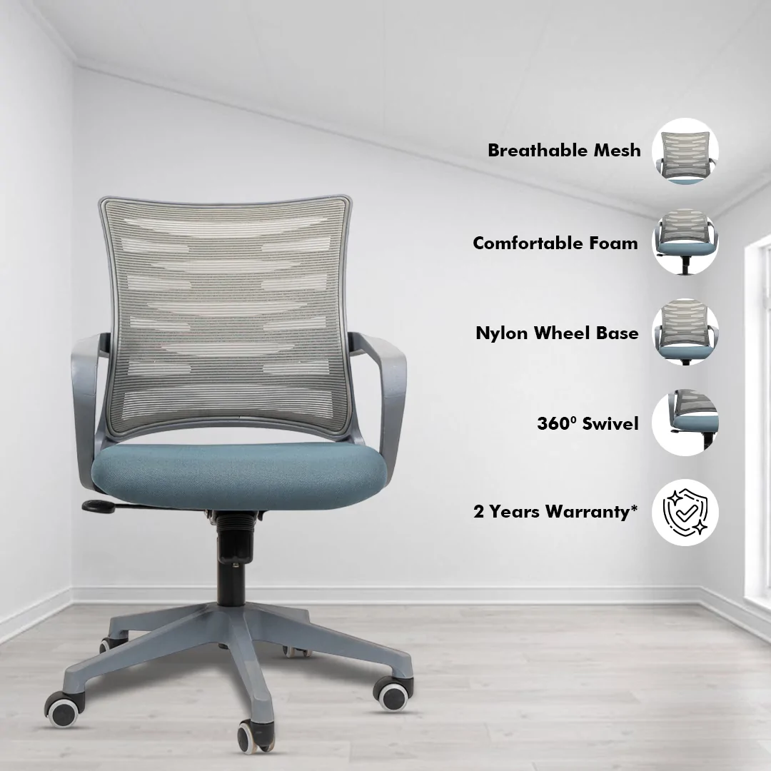 Krabee Grey Workstation Chair with Center Tilting Mechanism, Hydraulic Height Adjustment, and Heavy Duty Wheels, Grey Seat - Image 2
