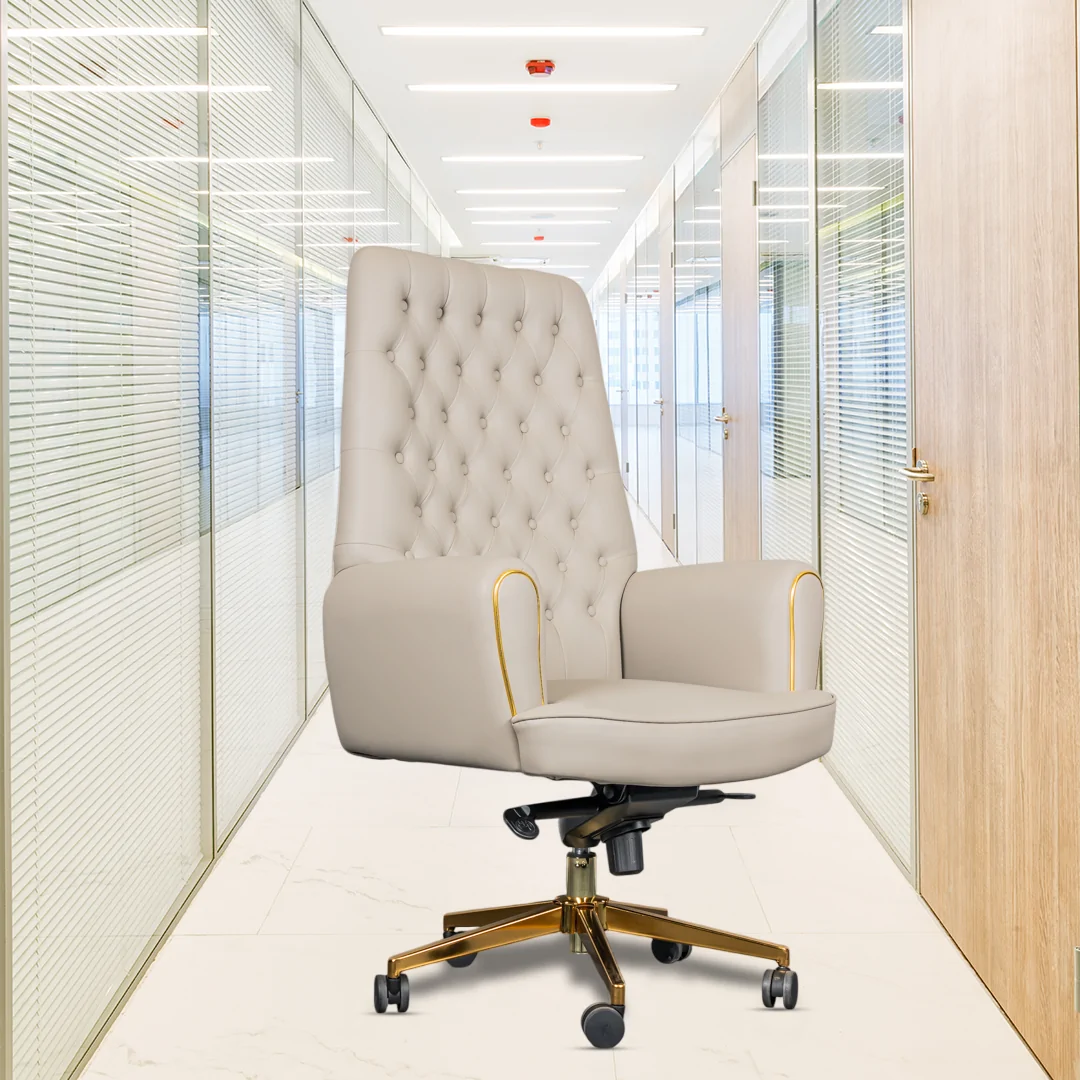 Legacy High Back Boss Chair with Center Tilting Mechanism, Hydraulic Height Adjustment, Rexine Material & Heavy Duty Wheels, Beige Seat
