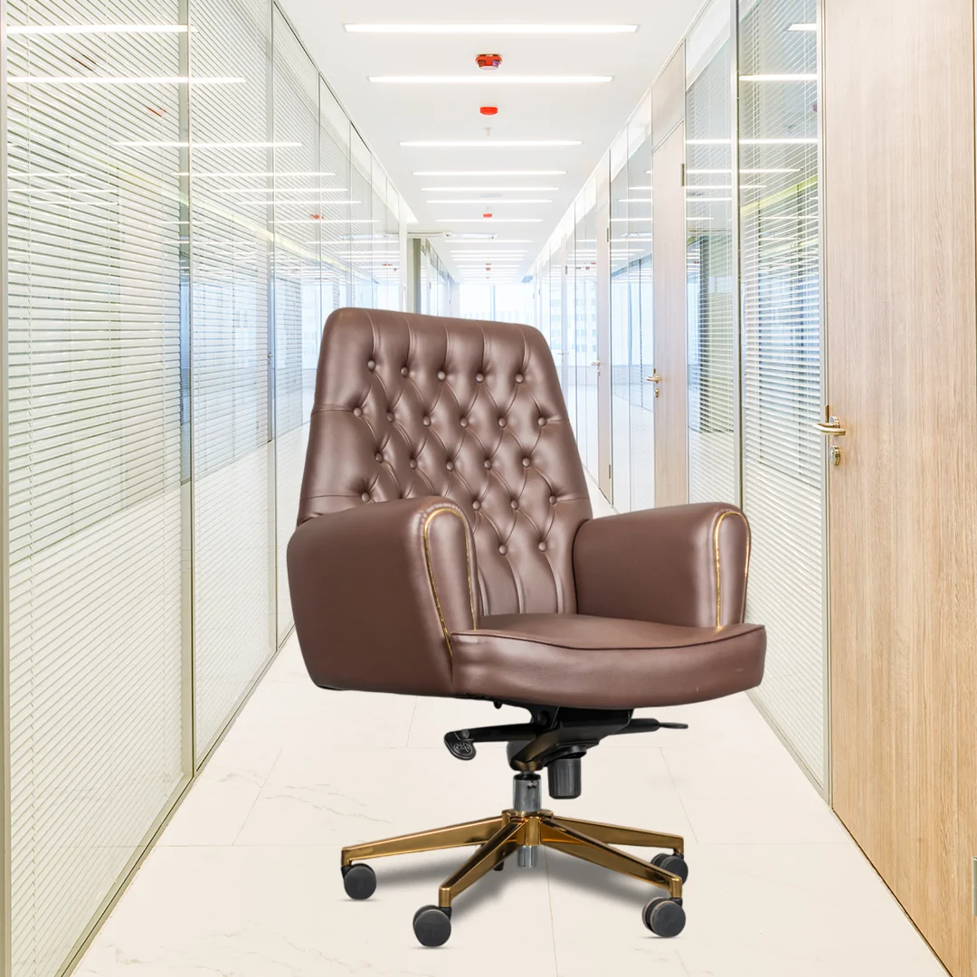 Legacy Medium Back Boss Chair with Center Tilting Mechanism, Hydraulic Height Adjustment, Rexine Material & Heavy Duty Wheels, Brown Seat