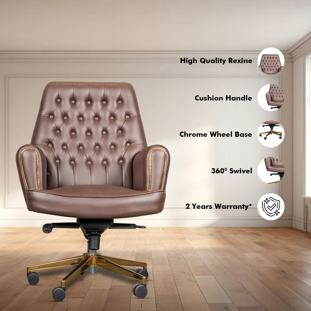 Legacy Medium Back Boss Chair with Center Tilting Mechanism, Hydraulic Height Adjustment, Rexine Material & Heavy Duty Wheels, Brown Seat - Image 2
