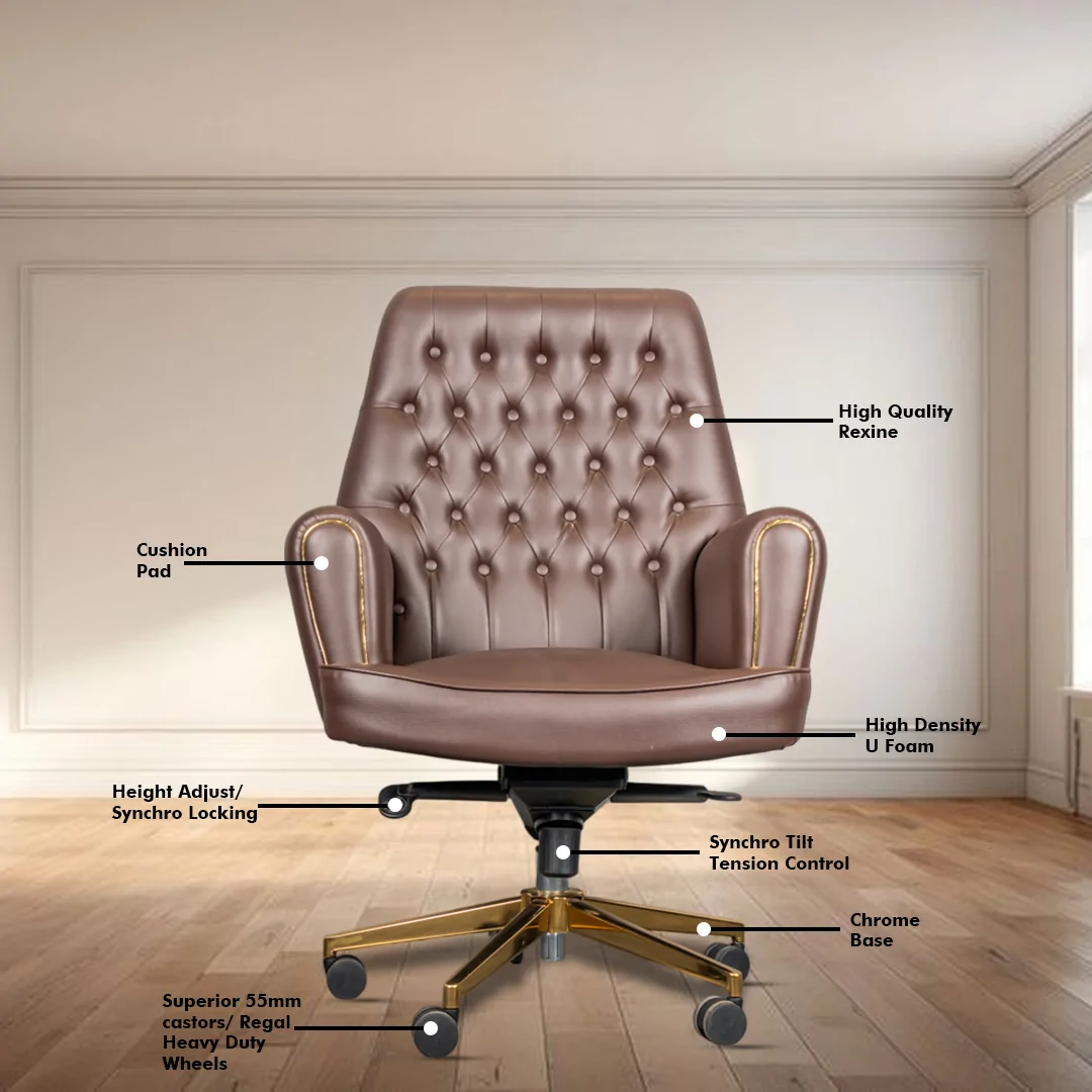 Legacy Medium Back Boss Chair with Center Tilting Mechanism, Hydraulic Height Adjustment, Rexine Material & Heavy Duty Wheels, Brown Seat - Image 3