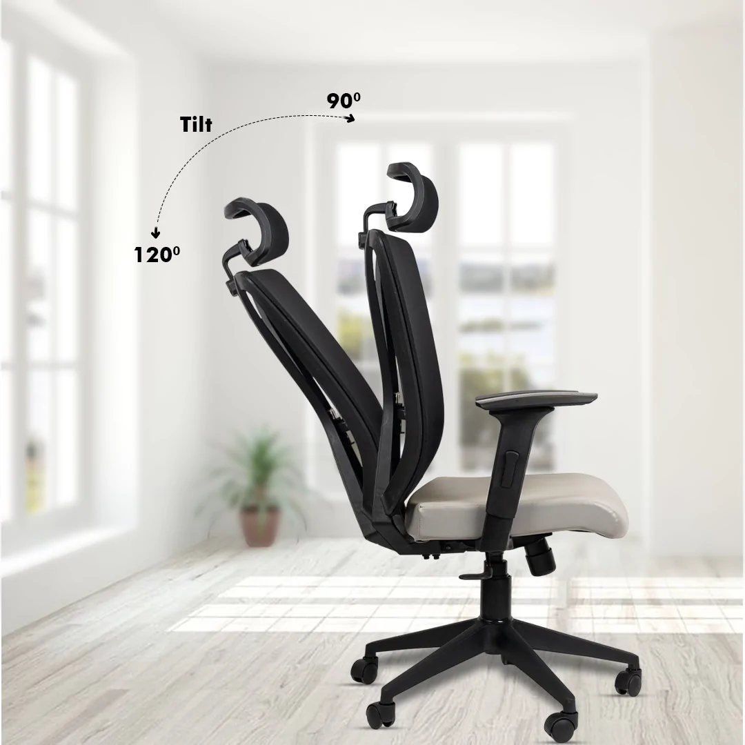 Meteor High Back Ergonomic Chair with Adjustable Neck & Arm Rest, Synchro Tilting Mechanism, Hydraulic Height Adjustment & Heavy Duty Wheels, Beige Seat - Image 4