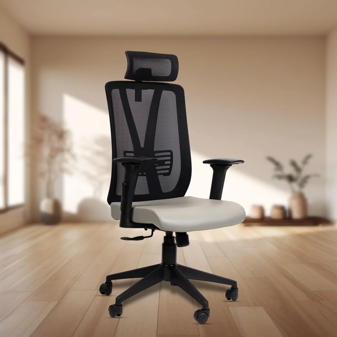 Meteor High Back Ergonomic Chair with Adjustable Neck & Arm Rest, Synchro Tilting Mechanism, Hydraulic Height Adjustment & Heavy Duty Wheels, Beige Seat