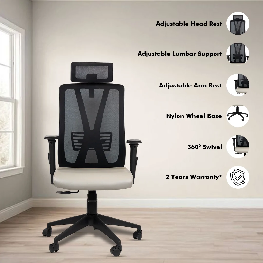 Meteor High Back Ergonomic Chair with Adjustable Neck & Arm Rest, Synchro Tilting Mechanism, Hydraulic Height Adjustment & Heavy Duty Wheels, Beige Seat - Image 2