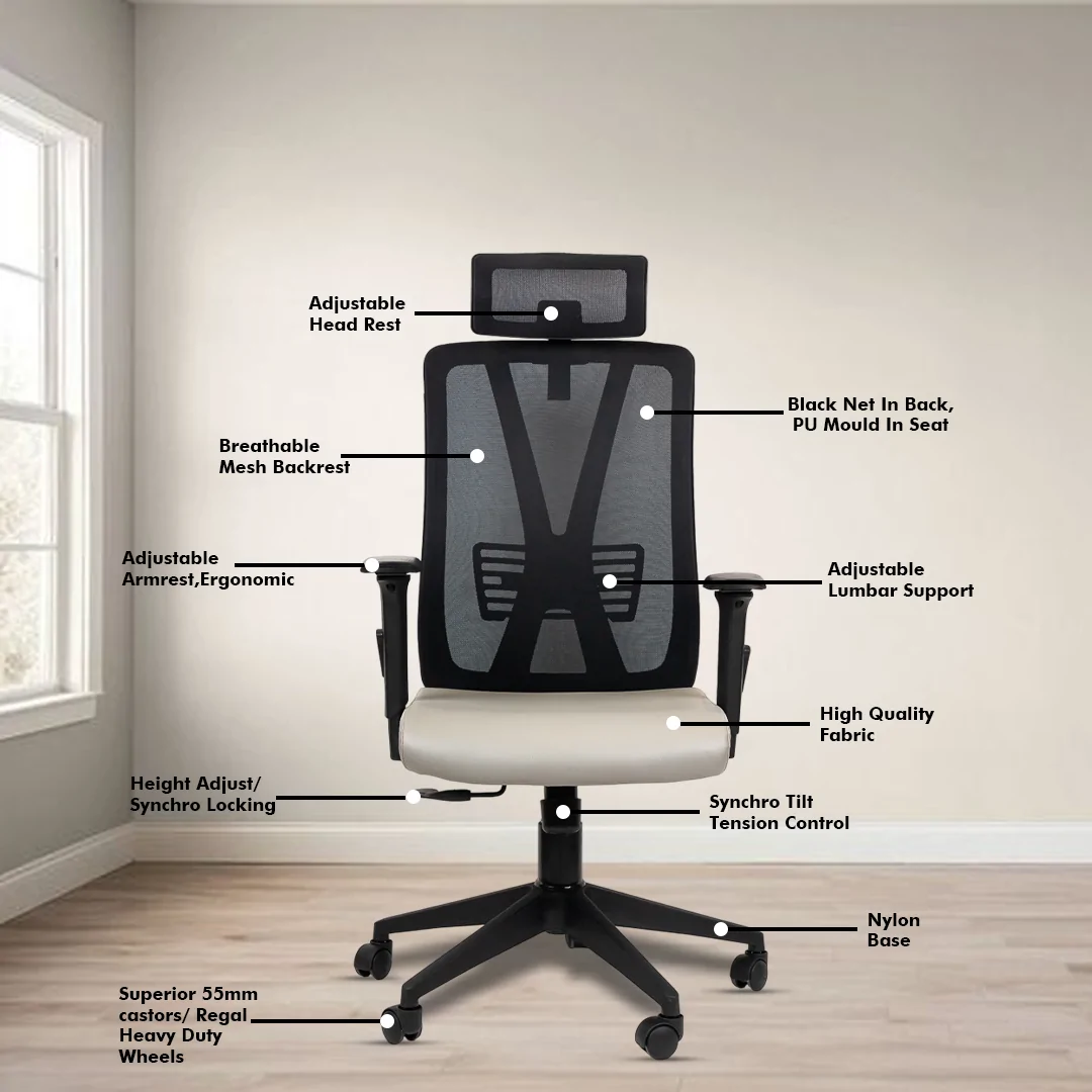 Meteor High Back Ergonomic Chair with Adjustable Neck & Arm Rest, Synchro Tilting Mechanism, Hydraulic Height Adjustment & Heavy Duty Wheels, Beige Seat - Image 3