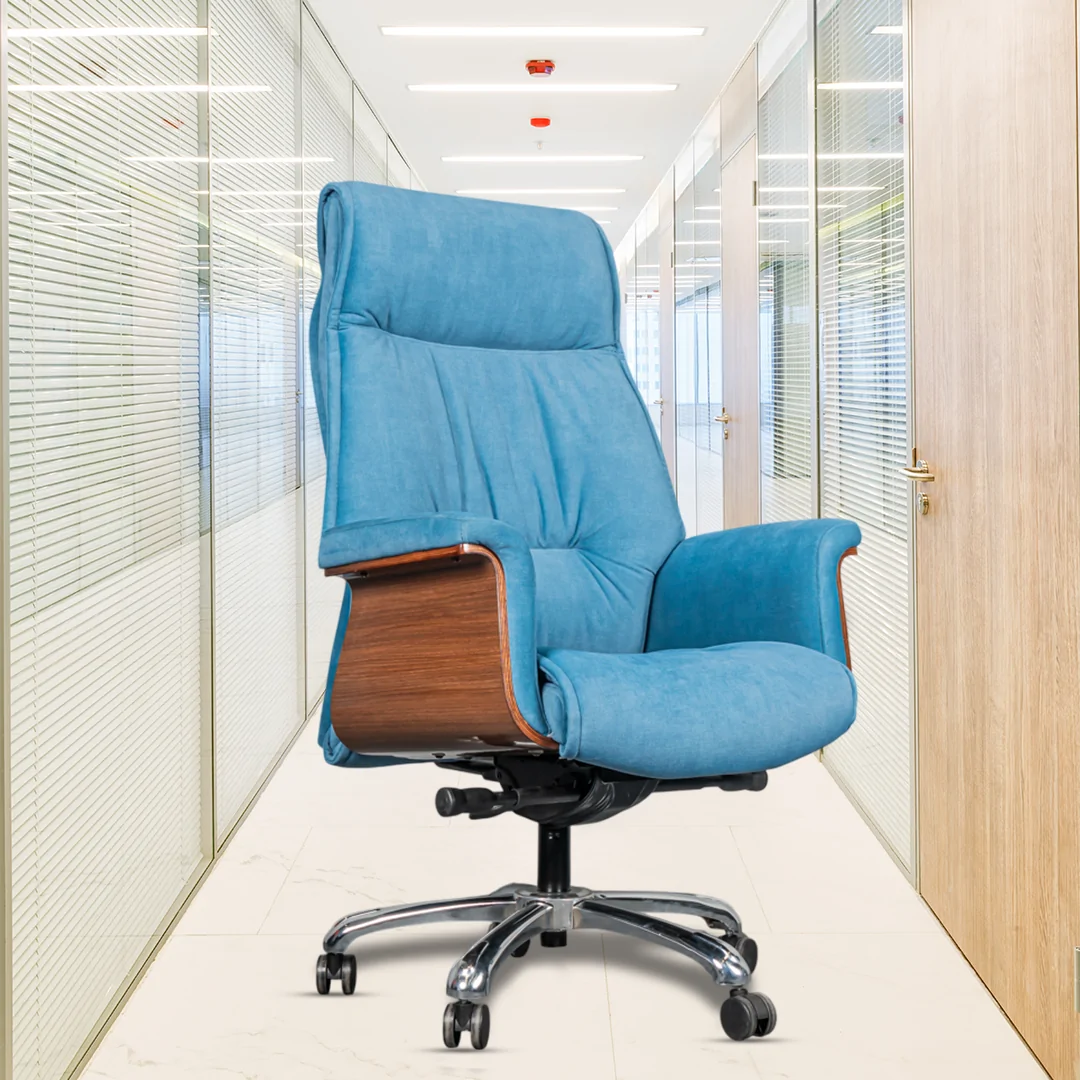 Molto High Back Ergonomic Boss Chair with Synchro Tilting Mechanism, Hydraulic Height Adjustment, Rexine Material & Heavy Duty Wheels, Blue Seat