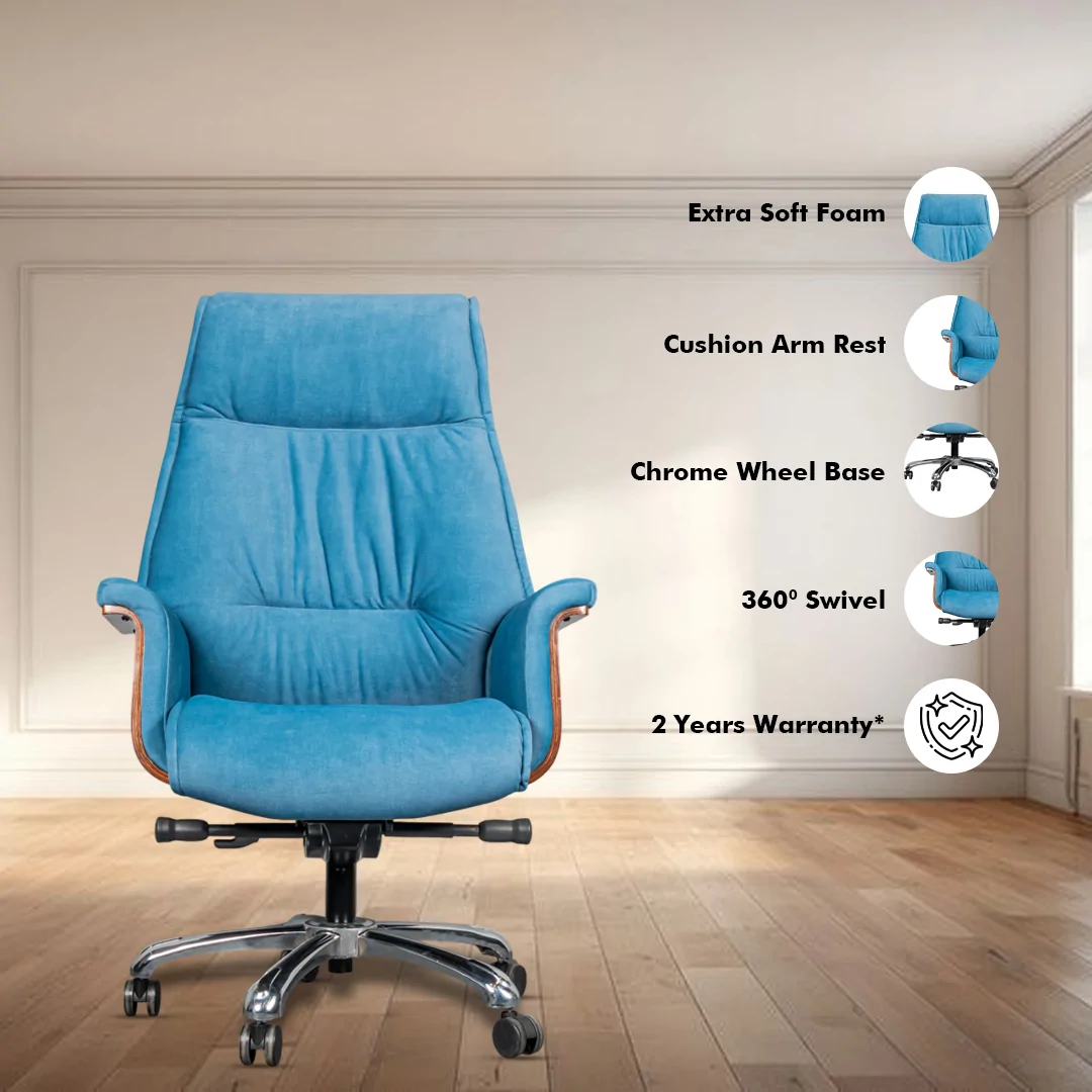 Molto High Back Ergonomic Boss Chair with Synchro Tilting Mechanism, Hydraulic Height Adjustment, Rexine Material & Heavy Duty Wheels, Blue Seat - Image 2