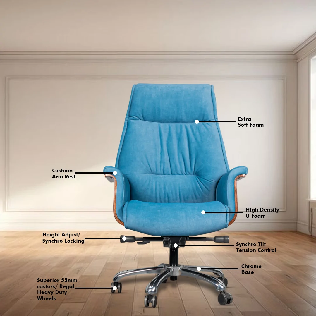 Molto High Back Ergonomic Boss Chair with Synchro Tilting Mechanism, Hydraulic Height Adjustment, Rexine Material & Heavy Duty Wheels, Blue Seat - Image 3