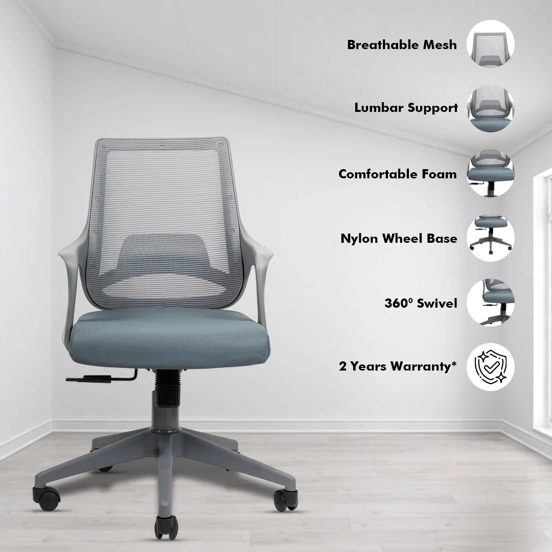 Mono Grey Workstation Chair with Center Tilting Mechanism, Hydraulic Height Adjustment, and Heavy Duty Wheels, Grey Seat - Image 2