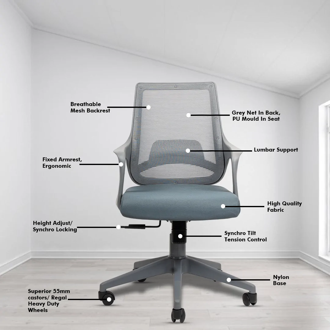 Mono Grey Workstation Chair with Center Tilting Mechanism, Hydraulic Height Adjustment, and Heavy Duty Wheels, Grey Seat - Image 3