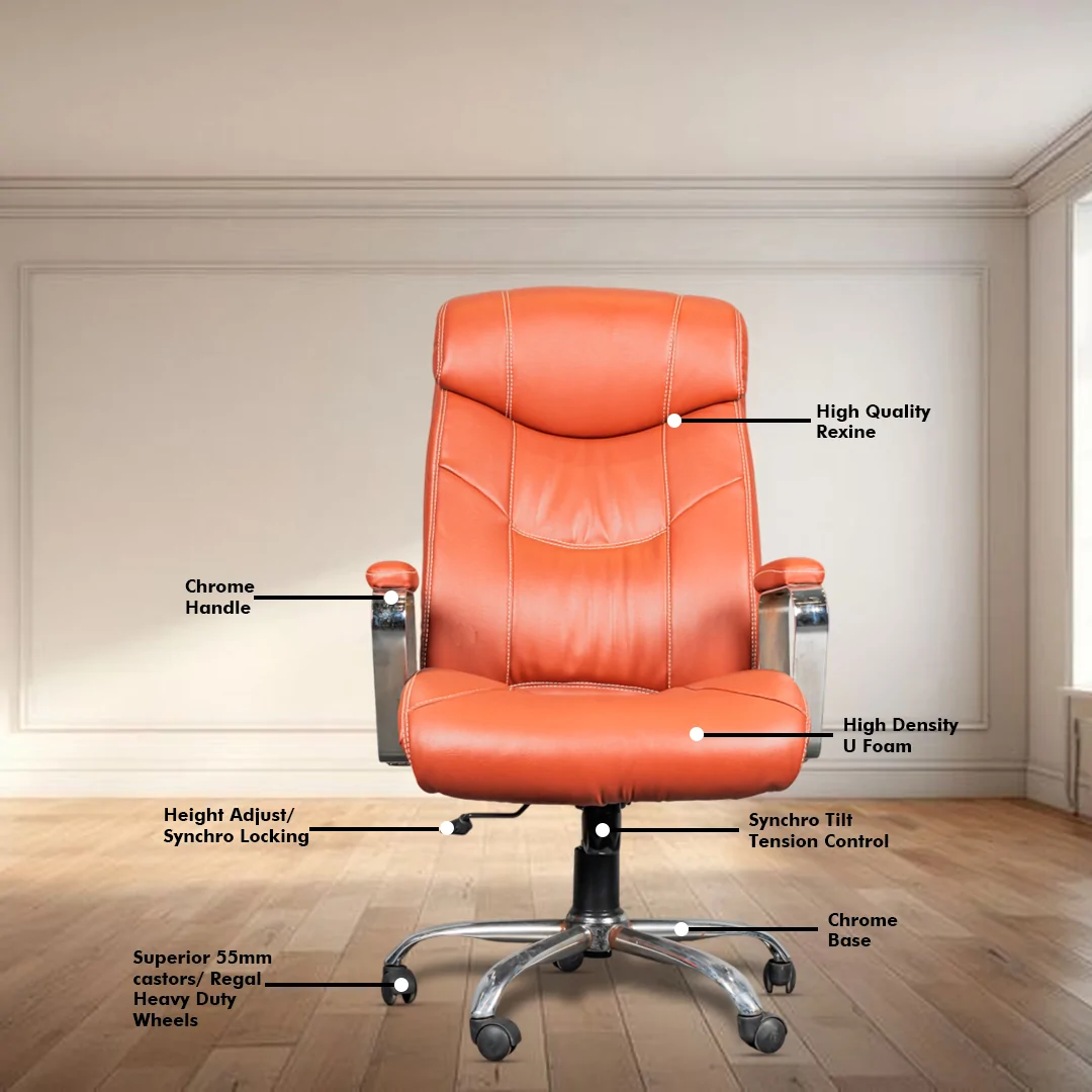 Montello High Back Ergonomic Boss Chair with Synchro Tilting Mechanism, Hydraulic Height Adjustment, Rexine Material & Heavy Duty Wheels, Tan Seat - Image 3