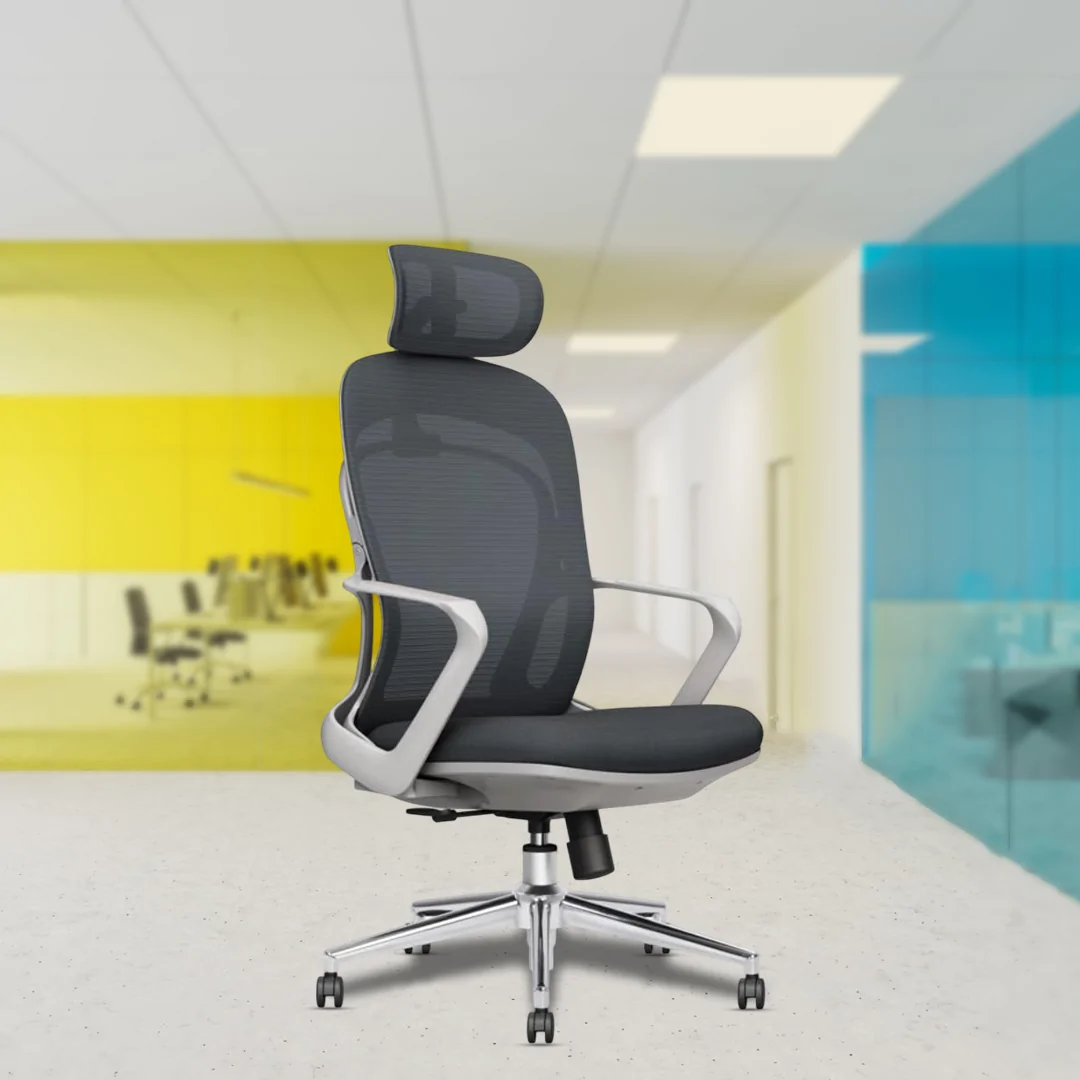 Omega High Back Luxury Ergonomic Chair with Fixed Lumbar Support, Center Tilt Mechanism, Single Position Lock, Chrome Base, Nylon Castors, and Class 4 Gas Lift.