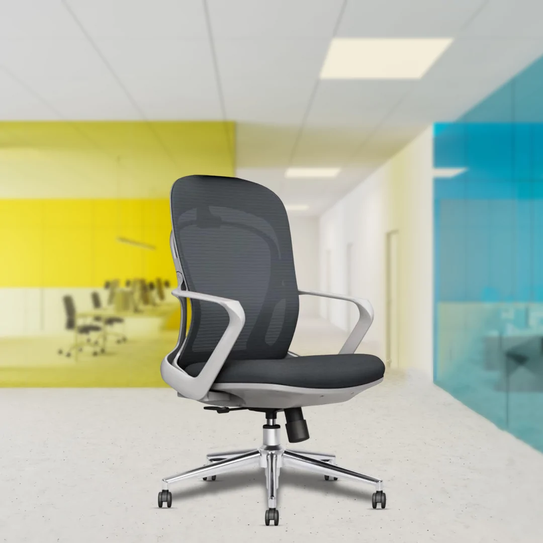 Omega Medium Back Luxury Ergonomic Chair with Fixed Lumbar Support, Center Tilt Mechanism, Single Position Lock, Chrome Base, Nylon Castors, and Class 4 Gas Lift.