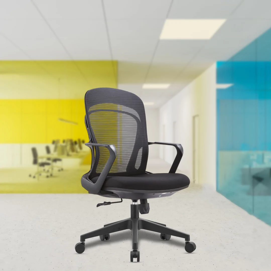 Omega Mesh Medium Back Ergonomic Chair with Fixed Lumbar Support, Center Tilt Mechanism, Fixed Armrests, Chrome Base, Nylon Castors & Class 4 Gas Lift.