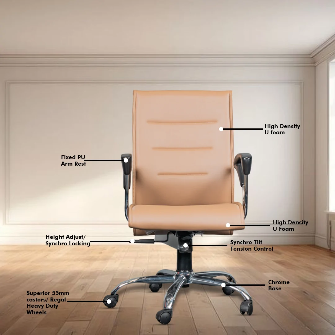 Octiva Medium Back Ergonomic Boss Chair with Synchro Tilting Mechanism, Hydraulic Height Adjustment, Rexine Material & Heavy Duty Wheels, Tan Seat - Image 3
