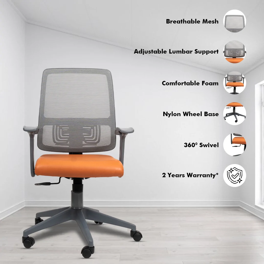 Polo Grey Medium Back Ergonomic Workstation Chair with Tilting Mechanism, Hydraulic Height Adjustment, and Heavy Duty Wheels, Tan Seat - Image 2