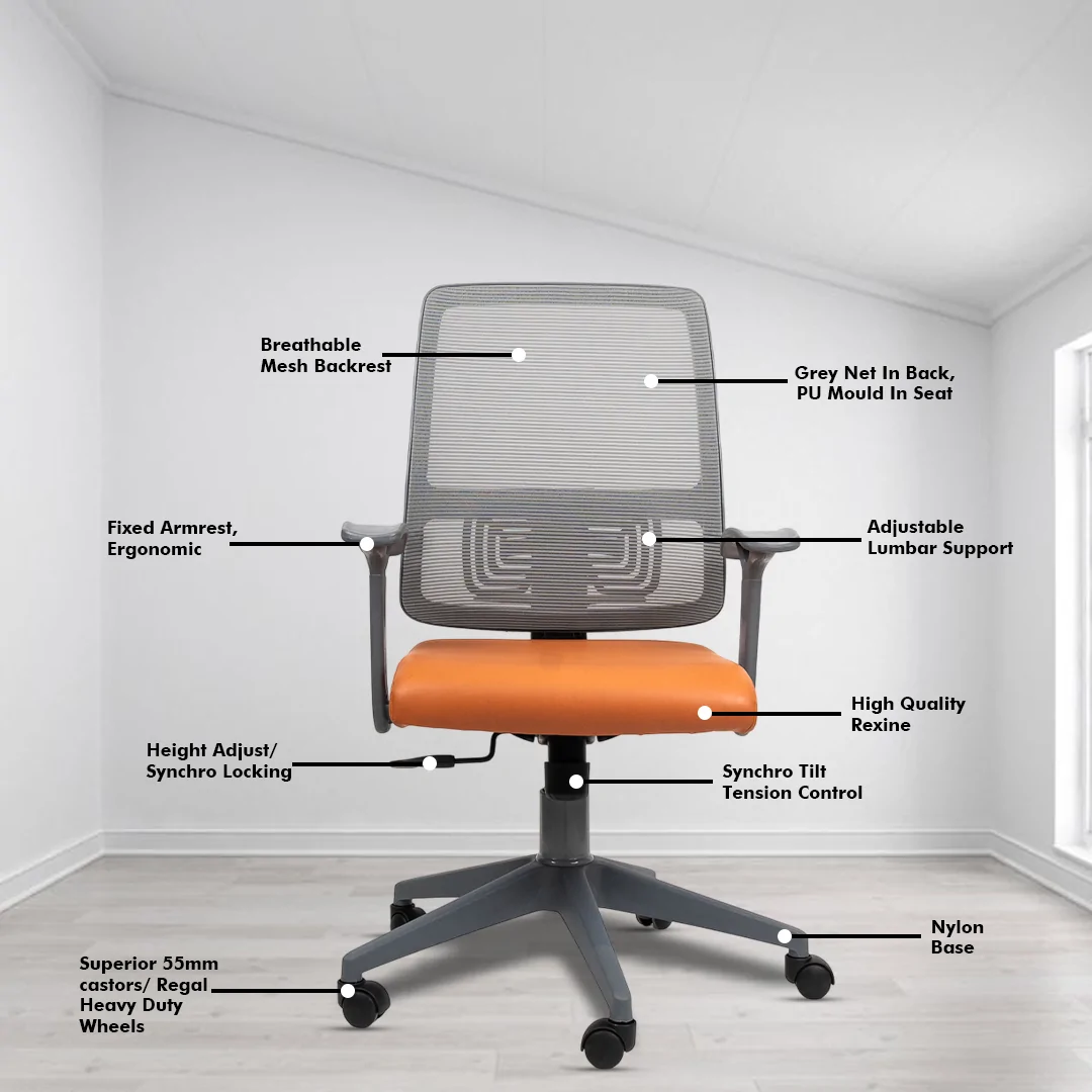 Polo Grey Medium Back Ergonomic Workstation Chair with Tilting Mechanism, Hydraulic Height Adjustment, and Heavy Duty Wheels, Tan Seat - Image 3