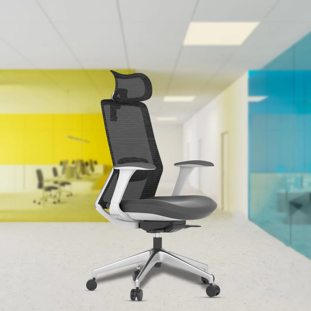 TROY WHITE High Back Ergonomic Chair with Adjustable Neck & Arm Rest, Synchro Tilting Mechanism, Hydraulic Height Adjustment & Heavy Duty Wheels, White Seat.
