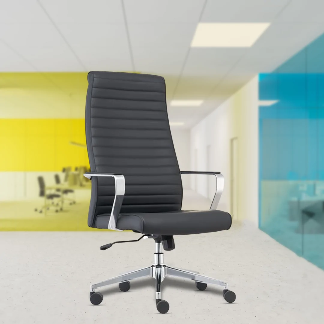 Virgo Black High Back Luxury Chair with Aluminium Armrests, Premium Composite Leather Upholstery, Center Tilt Mechanism with Single Position Lock, Chrome Base with 60mm Nylon Castors & Class 4 Gas Lift