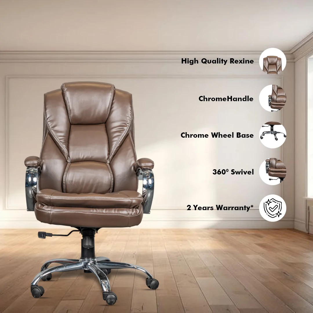 Vatican High Back Boss Chair with Center Tilting Mechanism, Hydraulic Height Adjustment, Rexine Material & Heavy Duty Wheels, Brown Seat - Image 2