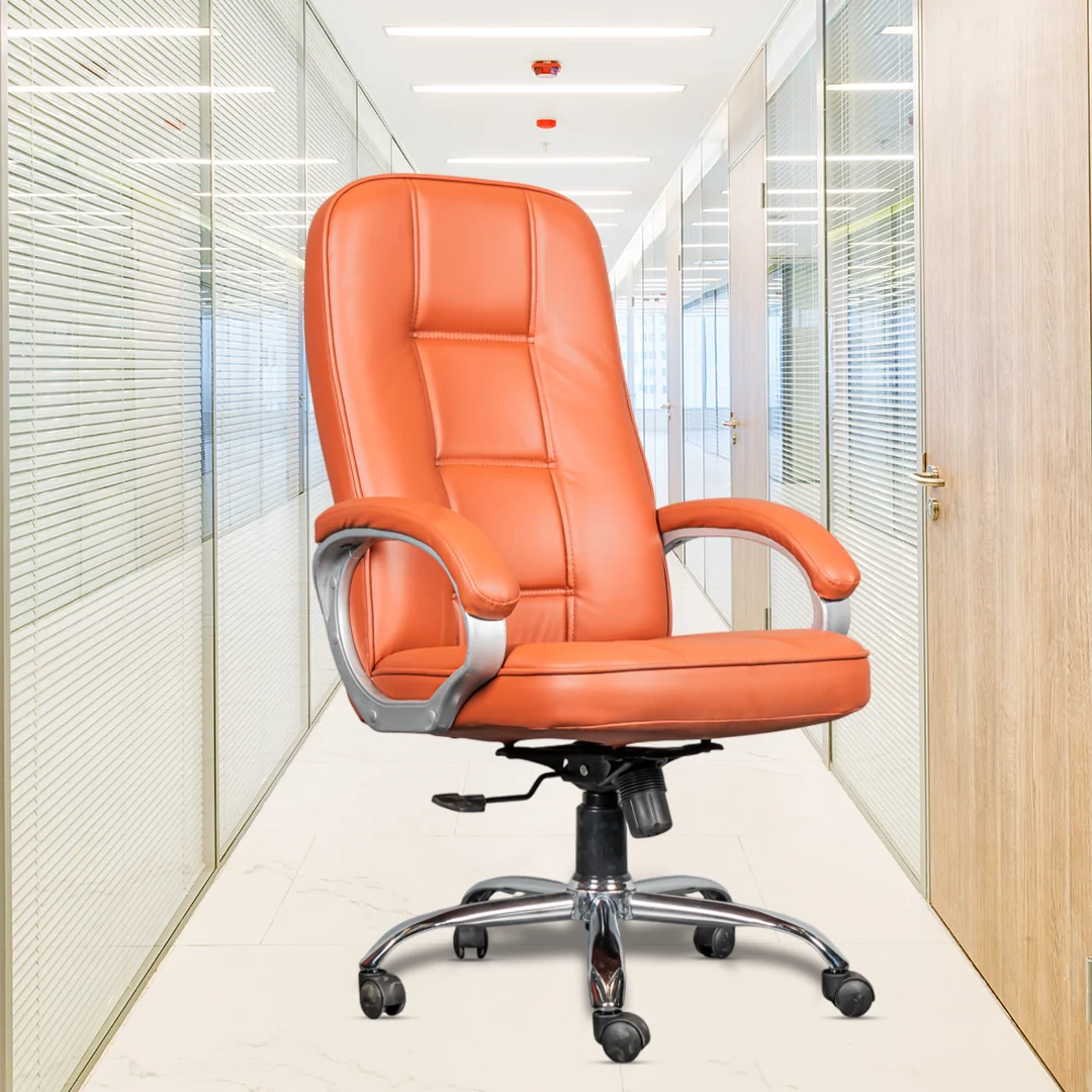 Zello High Back Boss Chair with Center Tilting Mechanism, Hydraulic Height Adjustment, Rexine Material & Heavy Duty Wheels, Tan Seat