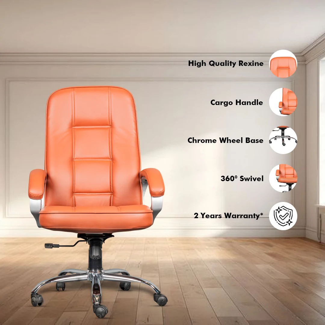 Zello High Back Boss Chair with Center Tilting Mechanism, Hydraulic Height Adjustment, Rexine Material & Heavy Duty Wheels, Tan Seat - Image 2