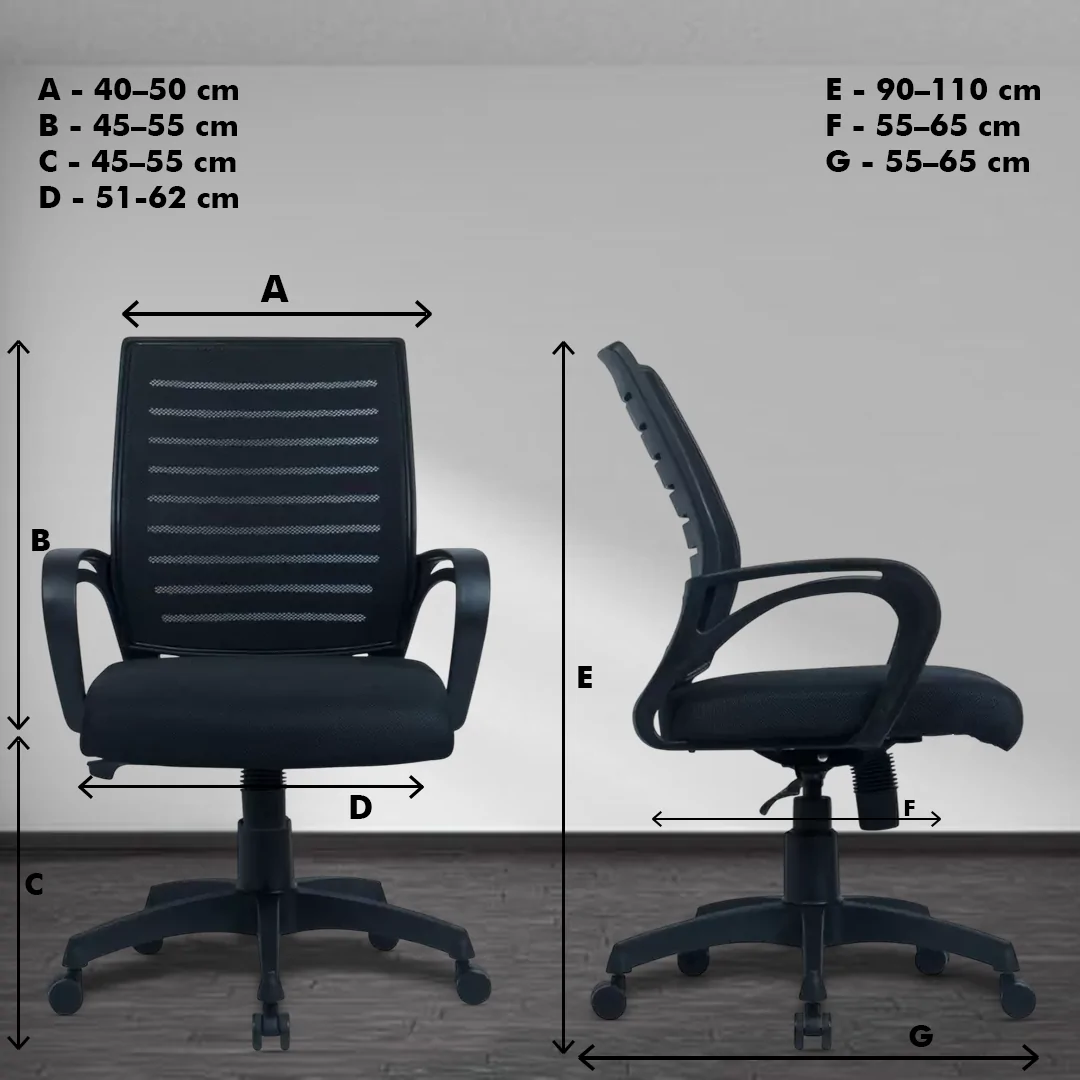 Boom Net Black Workstation Chair with Center Tilting Mechanism, Hydraulic Height Adjustment, and Heavy Duty Wheels, Black Mesh Seat - Image 5